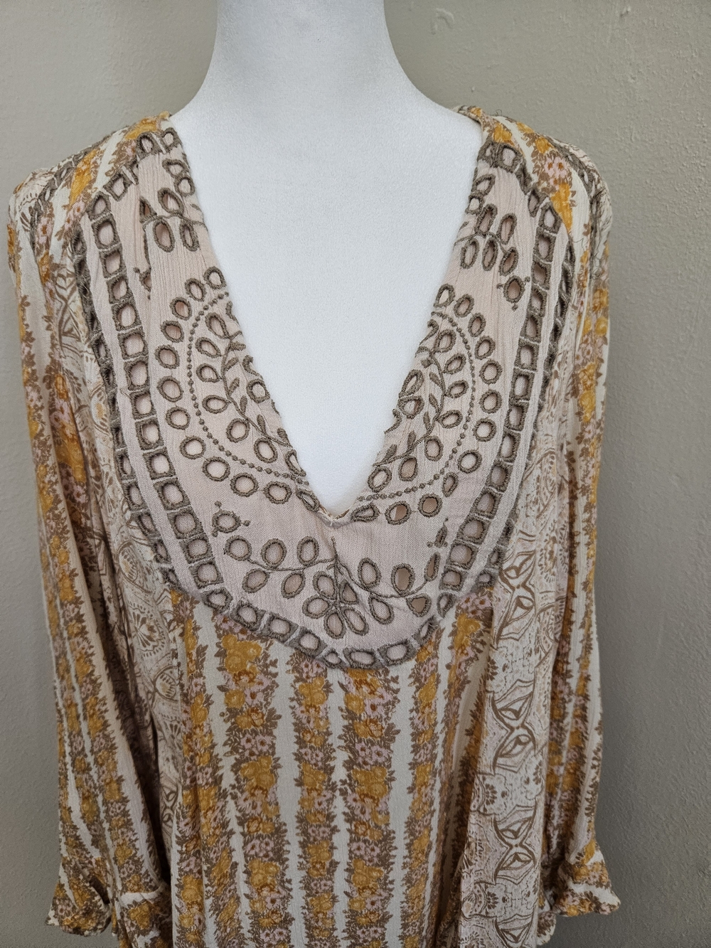 Free People Cream Floral Tunic with Mustard and Brown Accents - Picture 3 of 12